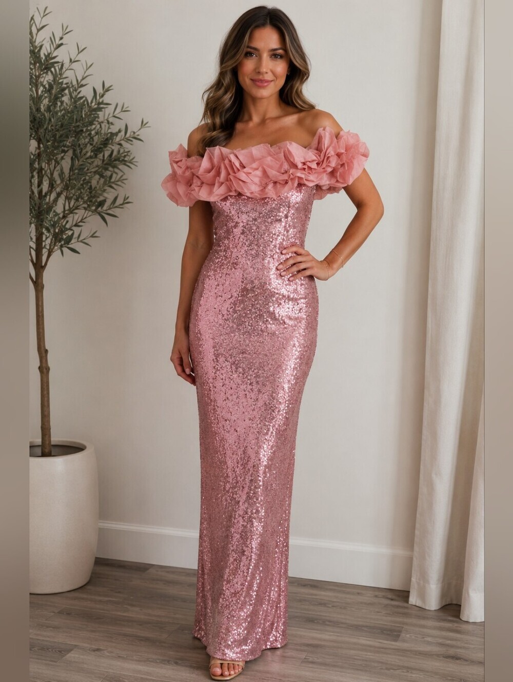 One-Shoulder Rose Pink Sequin Evening Gown with Ruffled Neckline